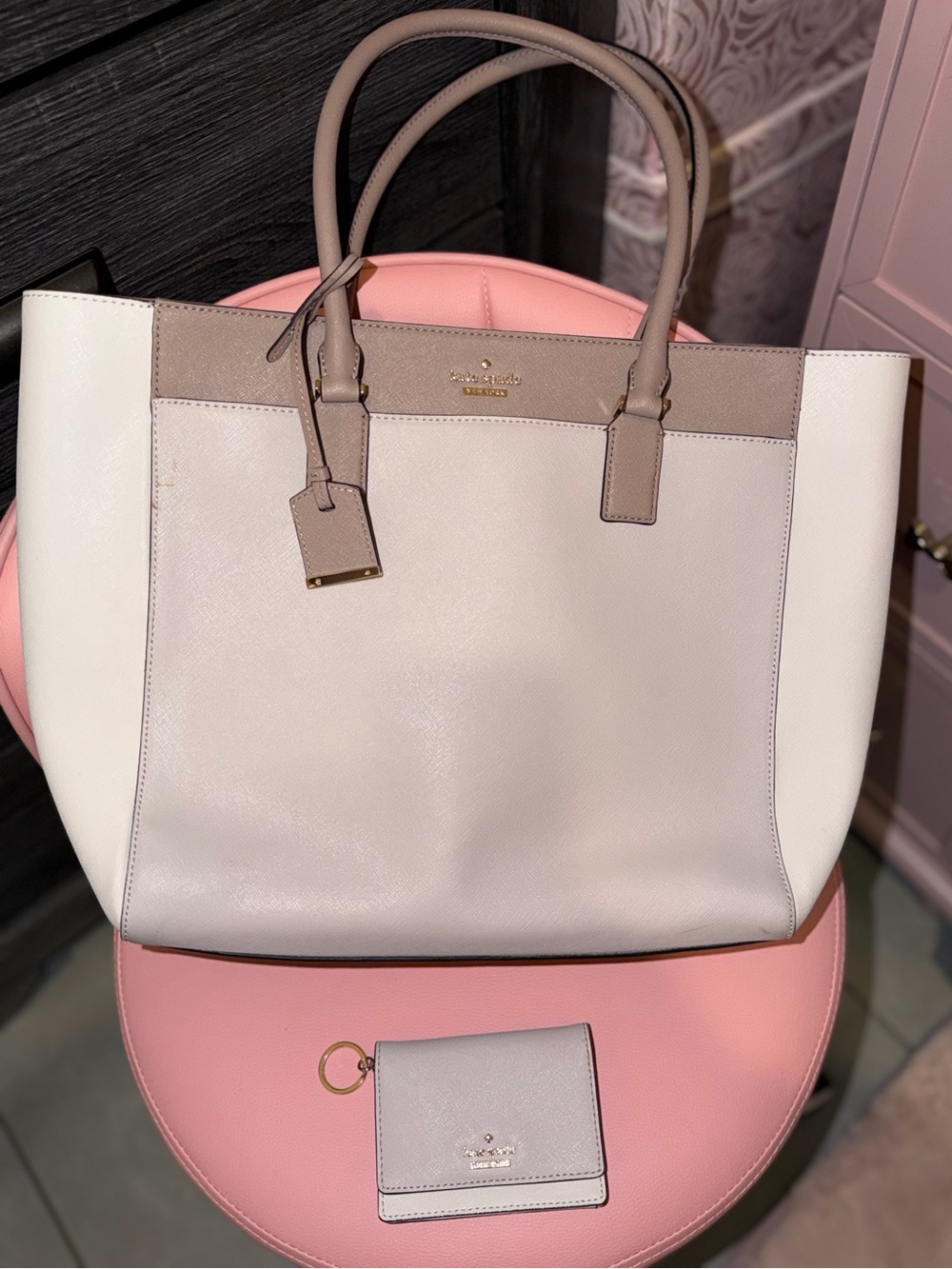 kate spade Cream & Taupe Leather Tote with Matching Wallet